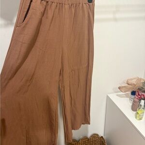 Carly Jean Los Angeles Brown Linen Wide-Leg Elastic Waist Pants